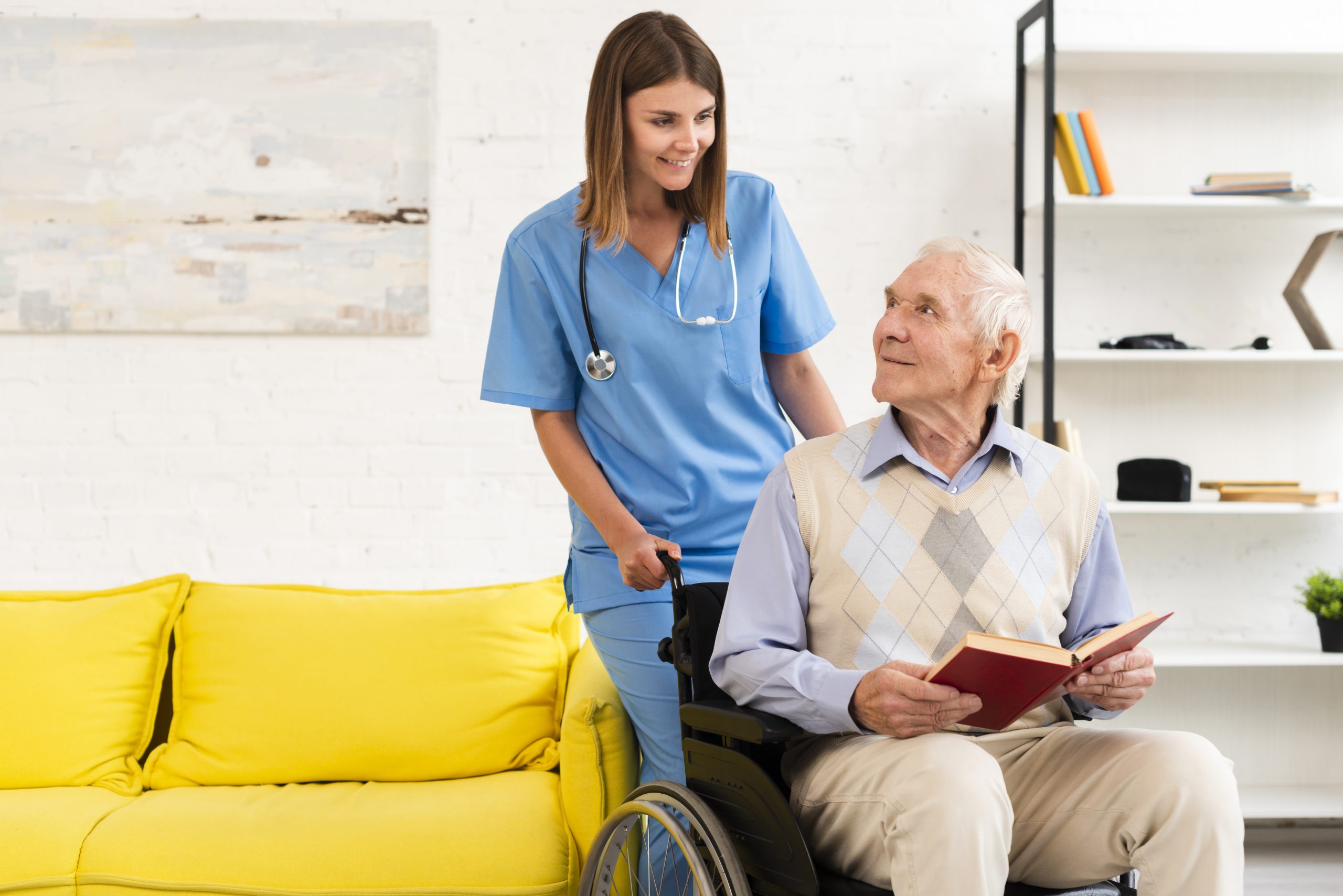 old-man-sitting-wheelchair-while-talking-nurse
